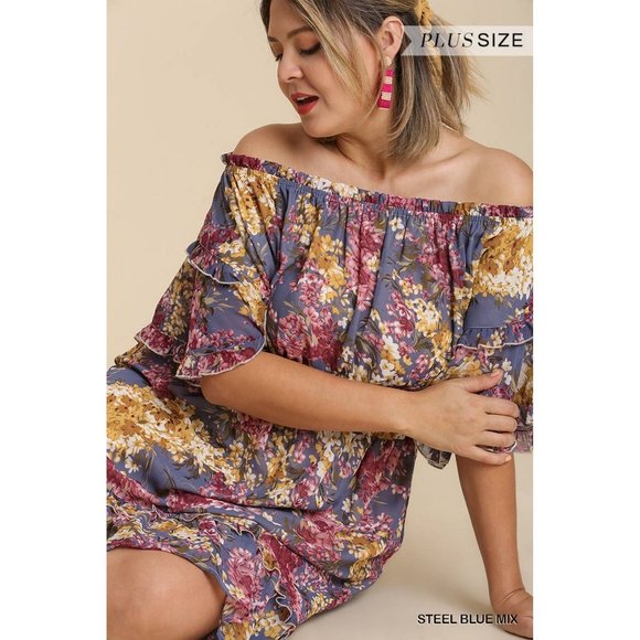 Umgee Plus Steel Blue Mix Sheer Floral Print Off Shoulder Ruffle Hem Midi Dress - Picture 4 of 4